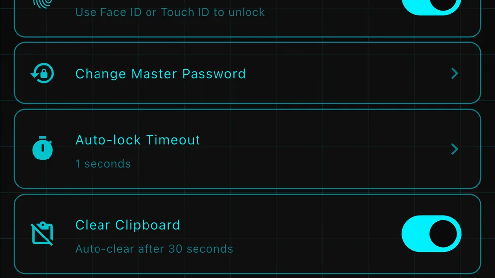 AEU Pass settings: change master password, auto-lock timeout, clear clipboard